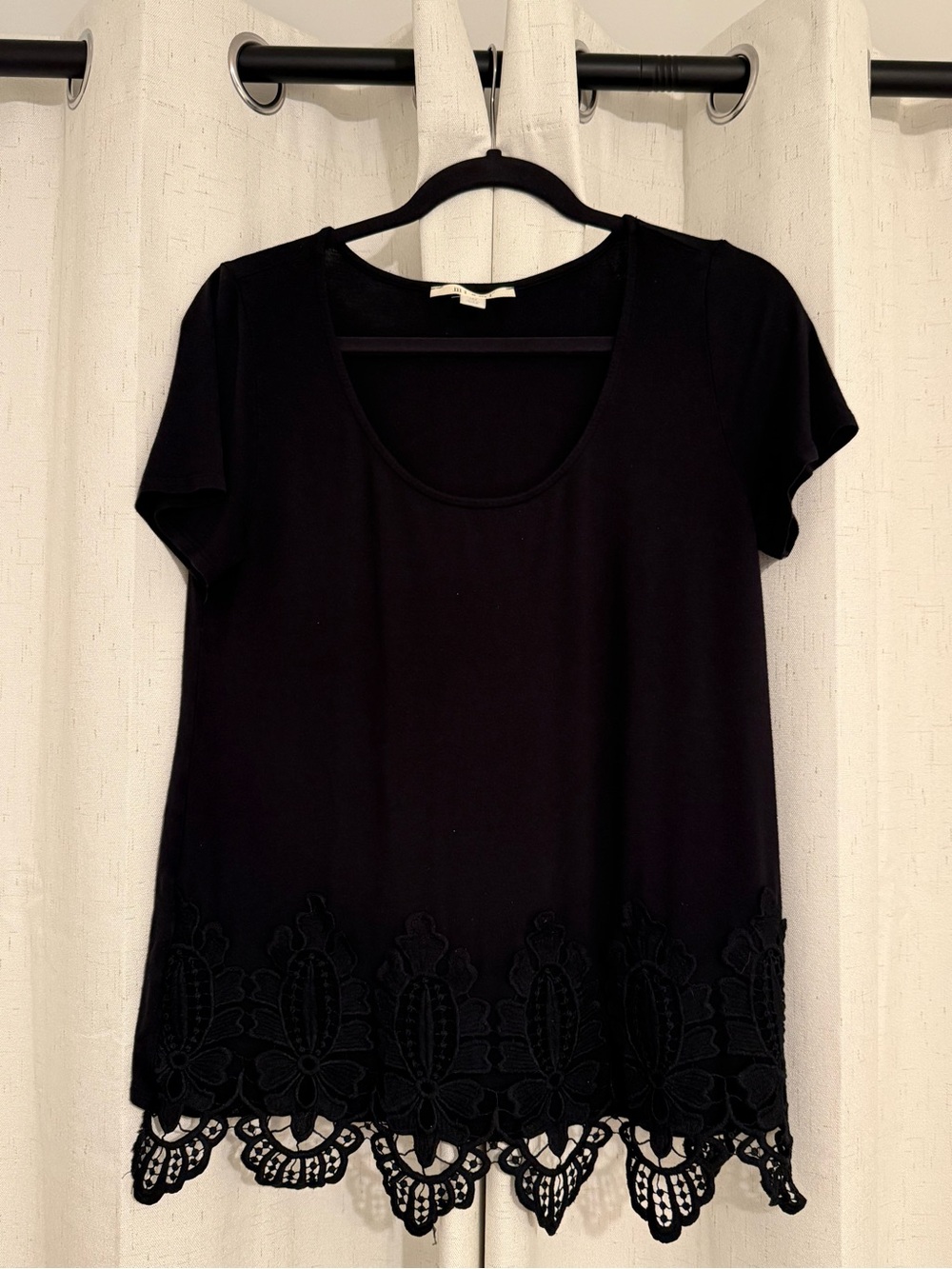 miami Black Short Sleeve Scoop Neck Top with Lace Trim